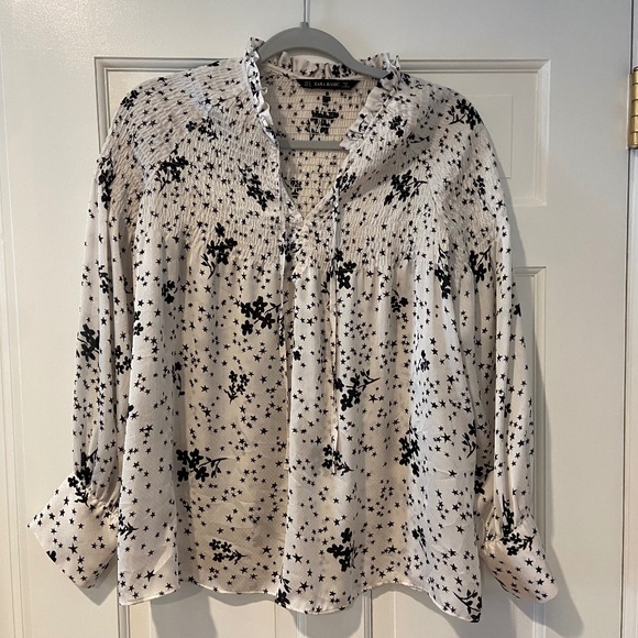 ZARA Star Floral Blouse | Black & White | Smocked | Size M - Picture 1 of 11